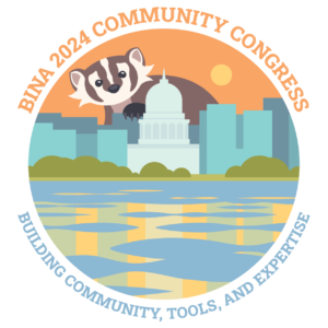 BINA 2024 Community Congress, Building Community Tool and Expertise written around the outside of a circle featuring a view of the capitol building from a lake with a badger climbing over the city